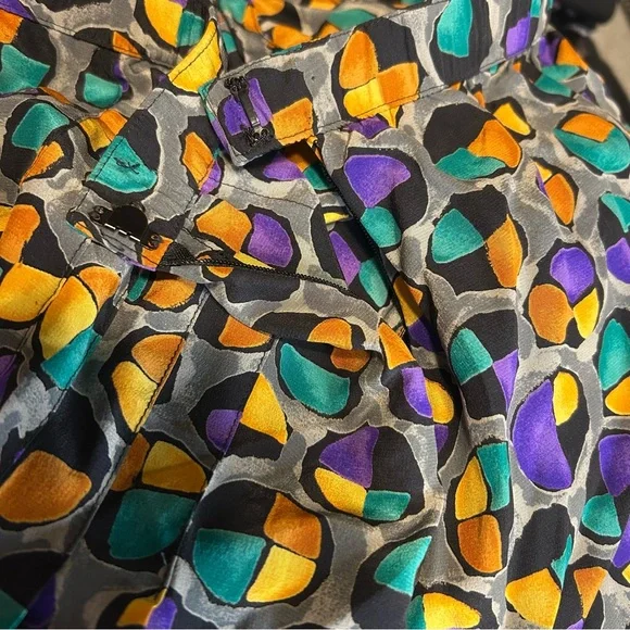 Vintage Adolfo Saks Fifth Avenue Pleated Silk Skirt Grey Gold Teal Dots Small - Picture 7 of 10